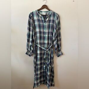 Garance Paris Long Sleeve Plaid Midi Dress with Tie Waist, 100% Cotton